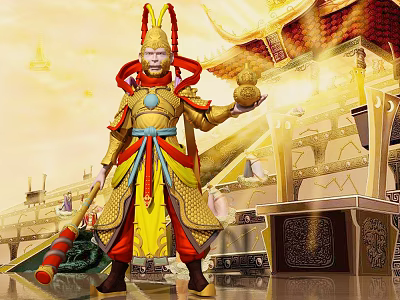 Legendary Game Movie Monkey Warrior Character With Golden Armor Red Accents Holding Golden Staff 3d model