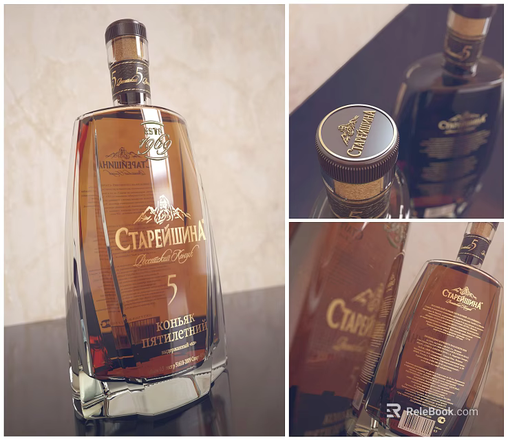 Transparent Glass Liquor Bottle With Gold Engraved Label And Stylish Wine Glass On Wooden Table 3d model 
