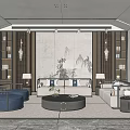 New Chinese Living Room Rattan Sofa Coffee Table Combination Background Wall Lamp Double Sofa Bookcase 3d model