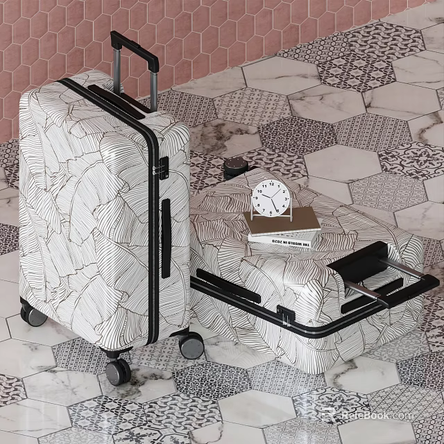 Modern Leaf Pattern Luggage Set With Large And Small Ivory Suitcases And Wheels 3d model 