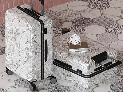 Modern Leaf Pattern Luggage Set With Large And Small Ivory Suitcases And Wheels 3d model