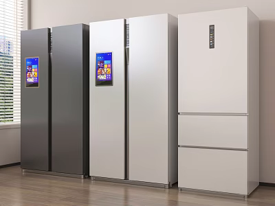 Modern Kitchen Featuring Different Styles Black and White Refrigerators with Digital Screens 3d model