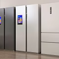 Modern Kitchen Featuring Different Styles Black and White Refrigerators with Digital Screens 3d model
