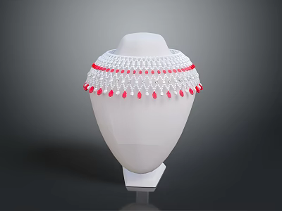Elegant White Lace Collar Accessory With Red Bead Embellishments On Mannequin 3d model