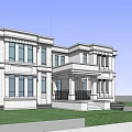 Classic Detached Villa Exterior With Two Story Symmetric Windows Front Porch And Lawn
