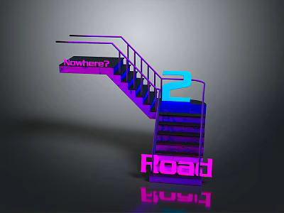 Neon Lit Staircase With Nowhere Text Number 2 And Floatit On Reflective Surface 3d model