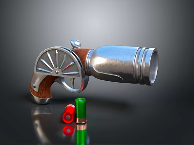 Classic Revolver With Silver Metal Body Wooden Grip And Red Green Bullets 3d model