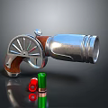 Classic Revolver With Silver Metal Body Wooden Grip And Red Green Bullets