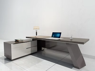 Modern Office Desk with Laptop Table Lamp Pen and Cabinet with Books 3d model