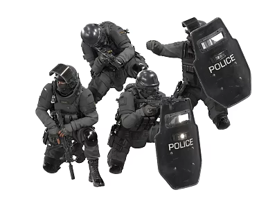 Group of Armed Police Officers in Tactical Black Uniforms With Riot Shields and Firearms 3d model