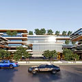 Modern Office Building Design With Rooftop Greenery Open Plaza And Pedestrians