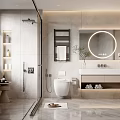 Modern Bathroom Interior With Round Mirror Marble Vanity Shower Area Toilet And Potted Plant