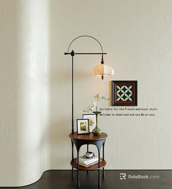 Cozy Floor Lamp With Black Frame Light Shade Small Table Photo Frames Decorative Wall Art 3d model 
