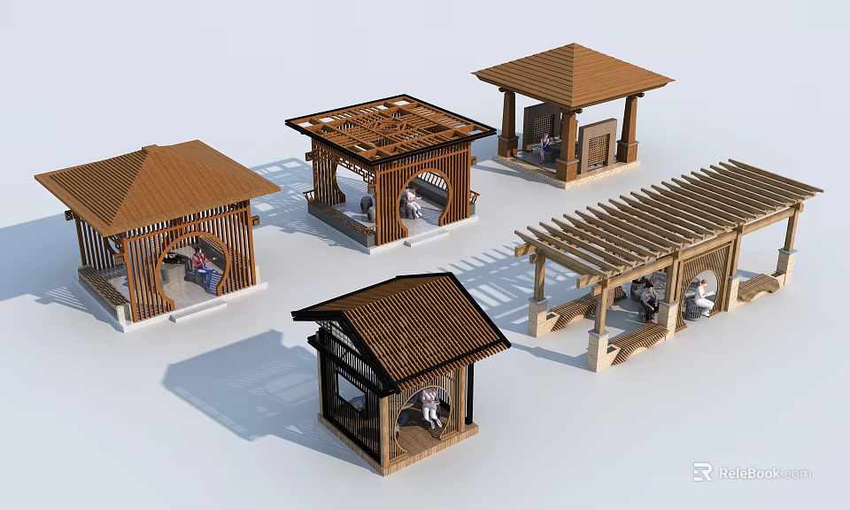 Various Styles Of Wooden Gazebos With Unique Roof Designs And Seating Areas 3d model 