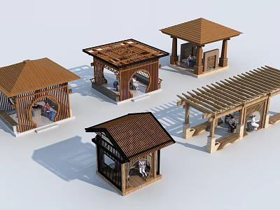 Various Styles Of Wooden Gazebos With Unique Roof Designs And Seating Areas 3d model