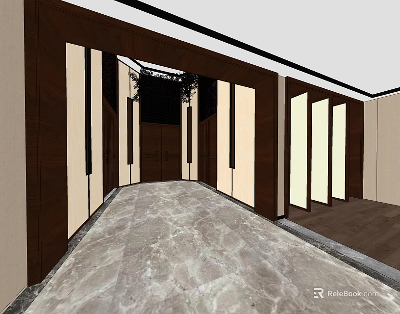 Modern Elevator Hallway Interior With Marble Floor Wooden Panels And Light Walls 3d model 