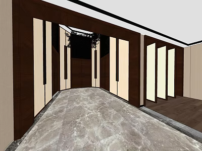 Modern Elevator Hallway Interior With Marble Floor Wooden Panels And Light Walls 3d model