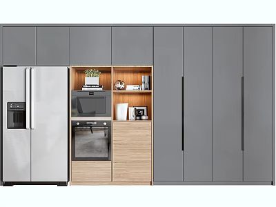 Modern Gray Kitchen Cabinets Featuring Stainless Steel Refrigerator Oven And Wooden Cabinetry 3d model