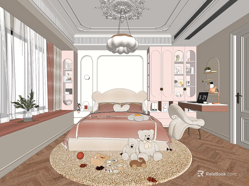 Playful Pink Kids Room Interior Design With Bed Stuffed Toys Study Desk And Rug 3d model 
