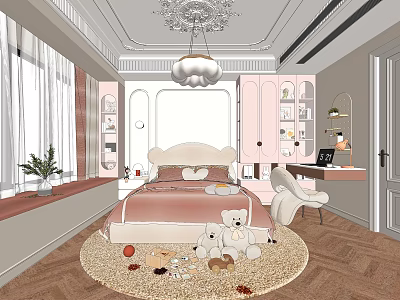 Playful Pink Kids Room Interior Design With Bed Stuffed Toys Study Desk And Rug 3d model