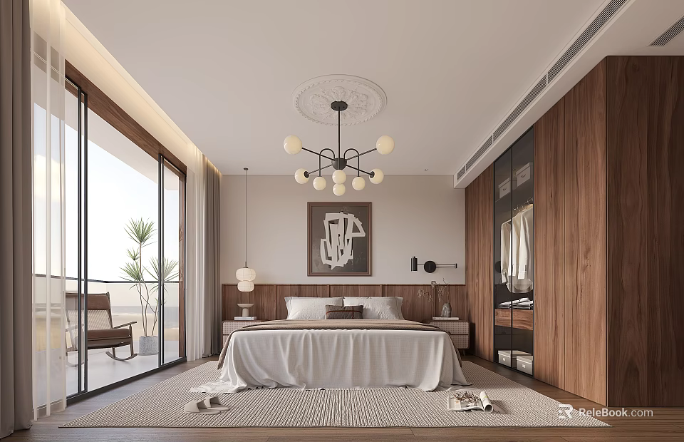 Modern Bedroom Interior With Wooden Wardrobe Chandelier Rug Decorative Painting And Window View 3d model 