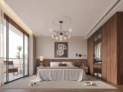 Modern Bedroom Interior With Wooden Wardrobe Chandelier Rug Decorative Painting And Window View 3d model