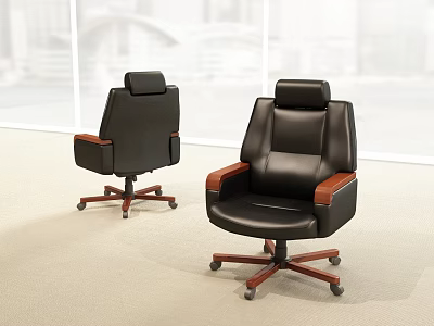 Two Black Office Chairs With Wooden Armrests And Caster Wheels In Modern Office 3d model