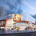 Modern Commercial Complex Facade with Glass Curtain Wall Lighting Crowd Sculpture and High Rise Buildings