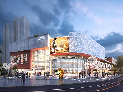 Modern Commercial Complex Facade with Glass Curtain Wall Lighting Crowd Sculpture and High Rise Buildings 3d model