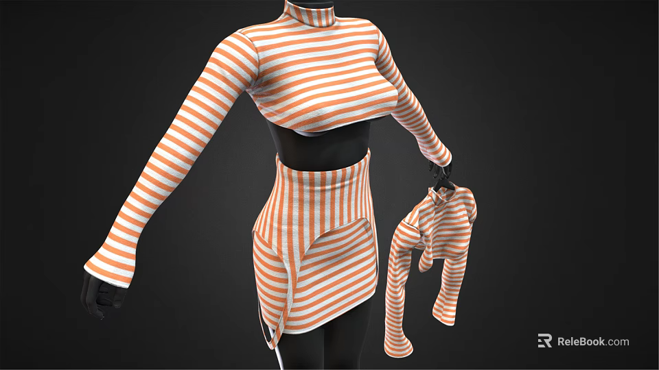 Orange And White Striped Outfit With High Neck Long Sleeve Top Short Skirt And Stockings 3d model 