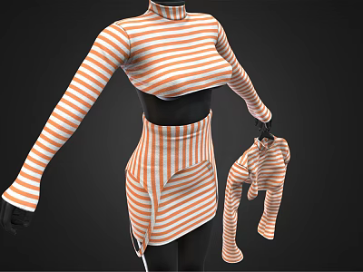 Orange And White Striped Outfit With High Neck Long Sleeve Top Short Skirt And Stockings 3d model