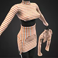 Orange And White Striped Outfit With High Neck Long Sleeve Top Short Skirt And Stockings
