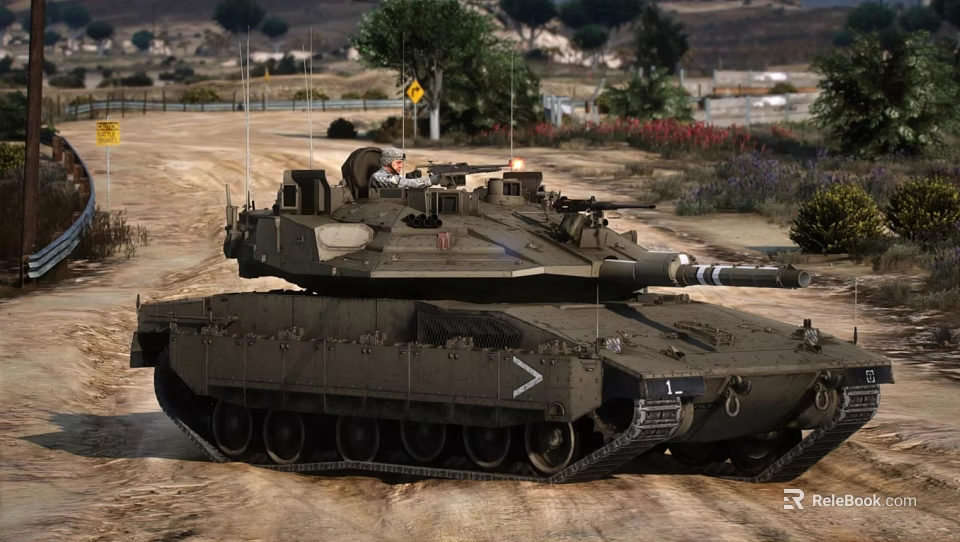 Military Tank Parked On Dirt Road With Trees And Distant Buildings 3d model 