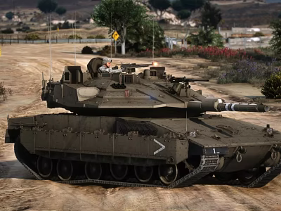 Military Tank Parked On Dirt Road With Trees And Distant Buildings 3d model