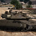 Military Tank Parked On Dirt Road With Trees And Distant Buildings