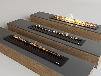 Modern Linear Fireplaces With Realistic Flames On Wooden Base And Gray Countertop 3d model