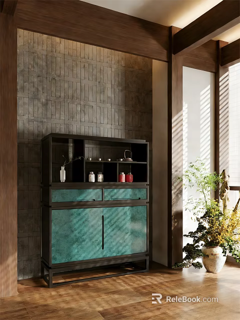 Stylish Tea Cabinet With Dark Frame Turquoise Doors And Gray Brick Wall Background 3d model 