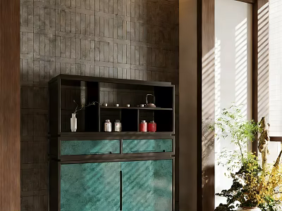 Stylish Tea Cabinet With Dark Frame Turquoise Doors And Gray Brick Wall Background 3d model