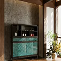 Stylish Tea Cabinet With Dark Frame Turquoise Doors And Gray Brick Wall Background