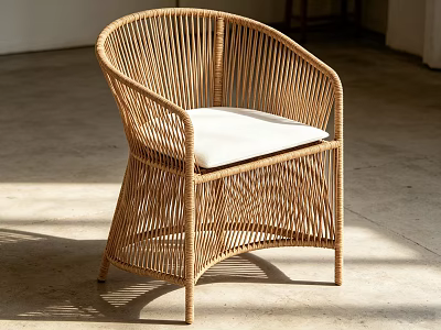 Elegant Rattan Single Chair With White Cushion And Modern Armrest Design 3d model
