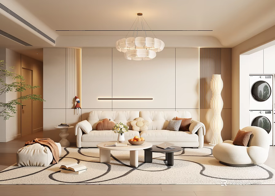 Modern Living Room Interior With Beige Walls Chandelier Sofa Rug And Decorative Column 3d model 