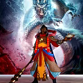 Game Movie Character In Ornate Red Yellow Blue Costume With Dragon Patterns And Staff