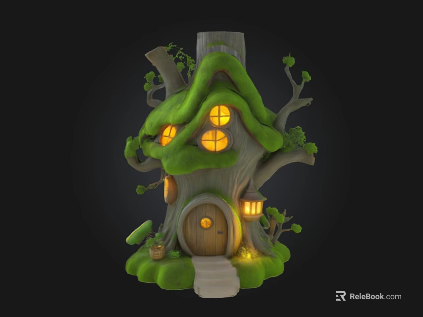 Fairy Tale Tree House With Green Roof Lit Windows Wooden Door And Cozy Steps 3d model 