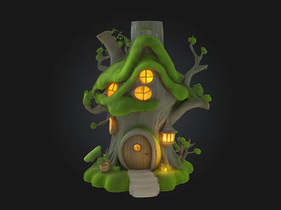 Fairy Tale Tree House With Green Roof Lit Windows Wooden Door And Cozy Steps 3d model