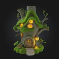 Fairy Tale Tree House With Green Roof Lit Windows Wooden Door And Cozy Steps