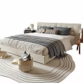 Modern Upholstered Double Bed With Striped Blanket Pillows Bedside Table And Round Rug