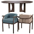 Modern Wooden Dining Table Set With Blue And Beige Upholstered Chairs