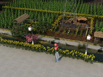 Garden Landscape With Lush Green Plants Pathway Lantern Street Lamps Wooden Fence And Yellow Flowers 3d model
