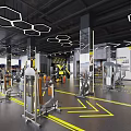 Modern Gym Interior With Fitness Equipment Hexagon Pendant Lights Black Floors Yellow Markings