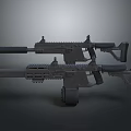 Two Modern Tactical Rifles with Long Barrels and Metal Build on Dark